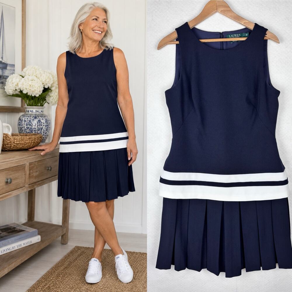 Lauren Ralph Lauren Nautical Fit Flare Dress Pleated Hem Preppy Navy Size 10